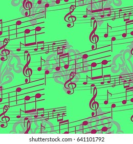 Endless abstract pattern. Background texture, note, treble clef, music, sound.  Vector illustration.