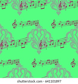 Endless abstract pattern. Background texture, note, treble clef, music, sound.  Vector illustration.