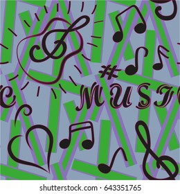 Endless abstract pattern. Background texture, note, treble clef, music, sound.  Vector illustration.