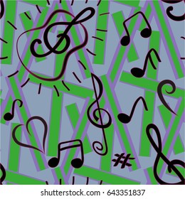 Endless abstract pattern. Background texture, note, treble clef, music, sound.  Vector illustration.