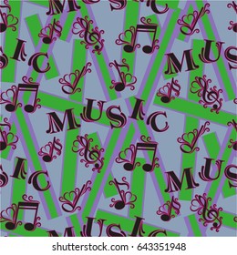 Endless abstract pattern. Background texture, note, treble clef, music, sound.  Vector illustration.