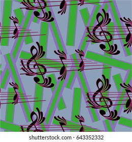 Endless abstract pattern. Background texture, note, treble clef, music, sound.  Vector illustration.