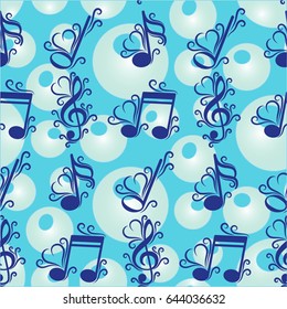 Endless abstract pattern. Background texture, note, treble clef, music, sound.  Vector illustration.