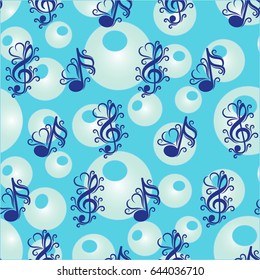 Endless abstract pattern. Background texture, note, treble clef, music, sound.  Vector illustration.