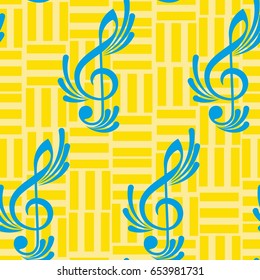 Endless abstract pattern. Background texture, note, treble clef, music, sound.  Vector illustration.