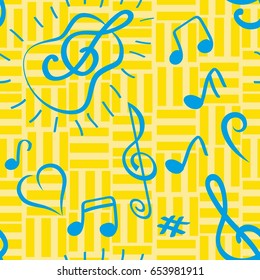 Endless abstract pattern. Background texture, note, treble clef, music, sound.  Vector illustration.