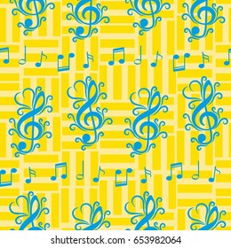 Endless abstract pattern. Background texture, note, treble clef, music, sound.  Vector illustration.