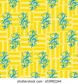 Endless abstract pattern. Background texture, note, treble clef, music, sound.  Vector illustration.