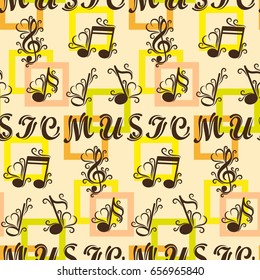 Endless abstract pattern. Background texture, note, treble clef, music, sound.  Vector illustration.