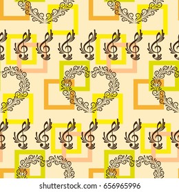 Endless abstract pattern. Background texture, note, treble clef, music, sound.  Vector illustration.