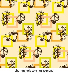 Endless abstract pattern. Background texture, note, treble clef, music, sound.  Vector illustration.