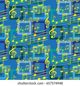 Endless abstract pattern. Background texture, note, treble clef, music, sound.  Vector illustration.
