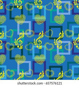 Endless abstract pattern. Background texture, note, treble clef, music, sound.  Vector illustration.