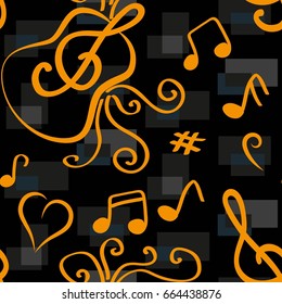 Endless abstract pattern. Background texture, note, treble clef, music, sound.  Vector illustration.