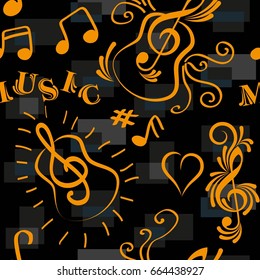 Endless abstract pattern. Background texture, note, treble clef, music, sound.  Vector illustration.
