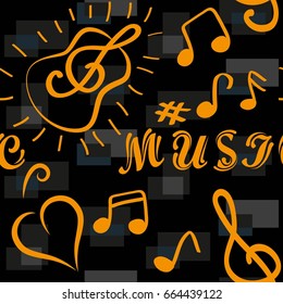 Endless abstract pattern. Background texture, note, treble clef, music, sound.  Vector illustration.
