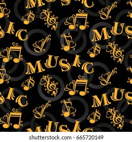 Endless abstract pattern. Background texture, note, treble clef, music, sound.  Vector illustration.