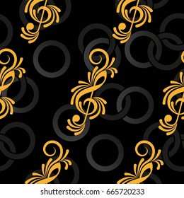 Endless abstract pattern. Background texture, note, treble clef, music, sound.  Vector illustration.