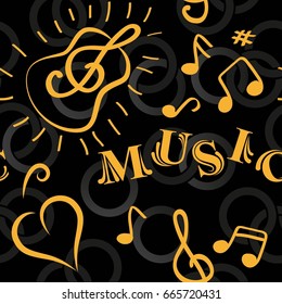 Endless abstract pattern. Background texture, note, treble clef, music, sound.  Vector illustration.