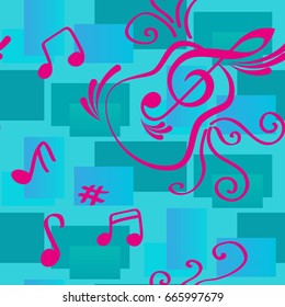 Endless abstract pattern. Background texture, note, treble clef, music, sound.  Vector illustration.