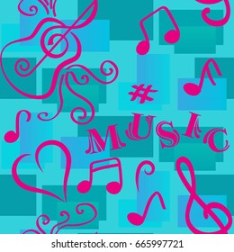 Endless abstract pattern. Background texture, note, treble clef, music, sound.  Vector illustration.