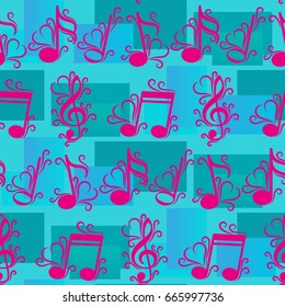 Endless abstract pattern. Background texture, note, treble clef, music, sound.  Vector illustration.