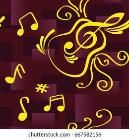 Endless abstract pattern. Background texture, note, treble clef, music, sound.  Vector illustration.