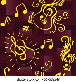 Endless abstract pattern. Background texture, note, treble clef, music, sound.  Vector illustration.