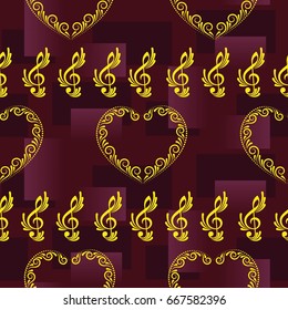 Endless abstract pattern. Background texture, note, treble clef, music, sound.  Vector illustration.
