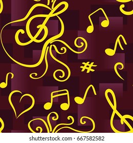 Endless abstract pattern. Background texture, note, treble clef, music, sound.  Vector illustration.