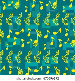 Endless abstract pattern. Background texture, note, treble clef, music, sound.  Vector illustration.