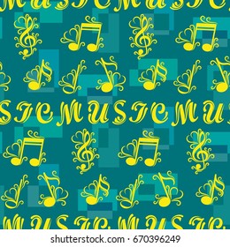 Endless abstract pattern. Background texture, note, treble clef, music, sound.  Vector illustration.