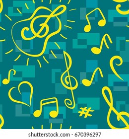 Endless abstract pattern. Background texture, note, treble clef, music, sound.  Vector illustration.