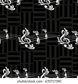 Endless abstract pattern. Background texture, note, treble clef, music, sound.  Vector illustration.