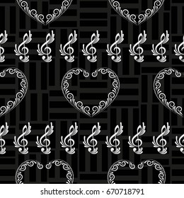 Endless abstract pattern. Background texture, note, treble clef, music, sound.  Vector illustration.