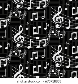 Endless abstract pattern. Background texture, note, treble clef, music, sound.  Vector illustration.