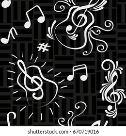 Endless abstract pattern. Background texture, note, treble clef, music, sound.  Vector illustration.