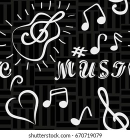 Endless abstract pattern. Background texture, note, treble clef, music, sound.  Vector illustration.