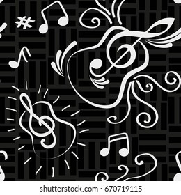 Endless abstract pattern. Background texture, note, treble clef, music, sound.  Vector illustration.
