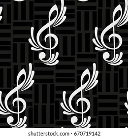 Endless abstract pattern. Background texture, note, treble clef, music, sound.  Vector illustration.