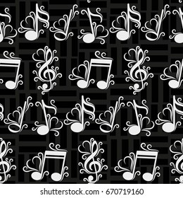 Endless abstract pattern. Background texture, note, treble clef, music, sound.  Vector illustration.