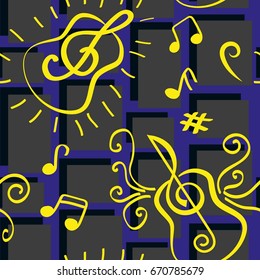Endless abstract pattern. Background texture, note, treble clef, music, sound.  Vector illustration.