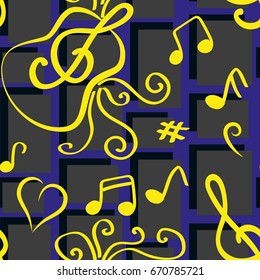 Endless abstract pattern. Background texture, note, treble clef, music, sound.  Vector illustration.