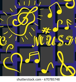 Endless abstract pattern. Background texture, note, treble clef, music, sound.  Vector illustration.