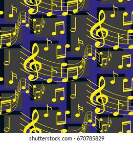 Endless abstract pattern. Background texture, note, treble clef, music, sound.  Vector illustration.