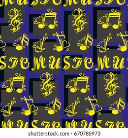 Endless abstract pattern. Background texture, note, treble clef, music, sound.  Vector illustration.
