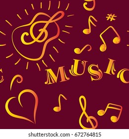 Endless abstract pattern. Background texture, note, treble clef, music, sound.  Vector illustration.