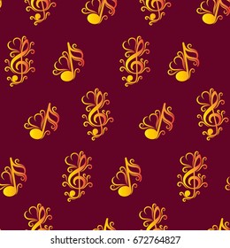 Endless abstract pattern. Background texture, note, treble clef, music, sound.  Vector illustration.