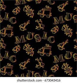 Endless abstract pattern. Background texture, note, treble clef, music, sound.  Vector illustration.