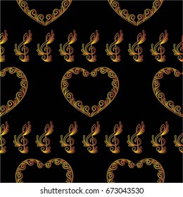 Endless abstract pattern. Background texture, note, treble clef, music, sound.  Vector illustration.